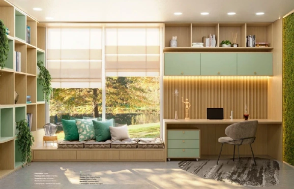 Produtividade e tranquilidade em um ambiente que é dois em um: home office e espaço para relaxar.